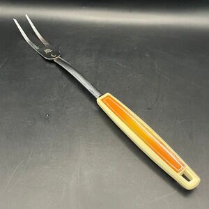 Vtg EKCO Chromium Plated USA Meat Carving Fork‎ Utensil Sunburst Orange As Is